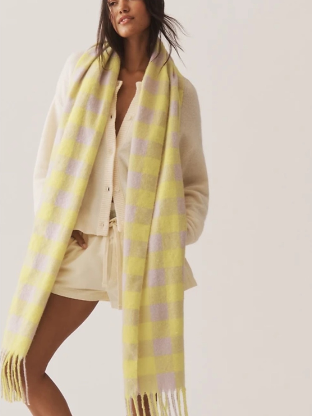 Anthropologie/ Maeve Yellow & Lavender gingham Fringe Scarf
